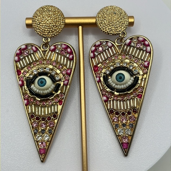 FABULOUS Gold and pink 🩷 EVIL EYE Earrings - Picture 3 of 7